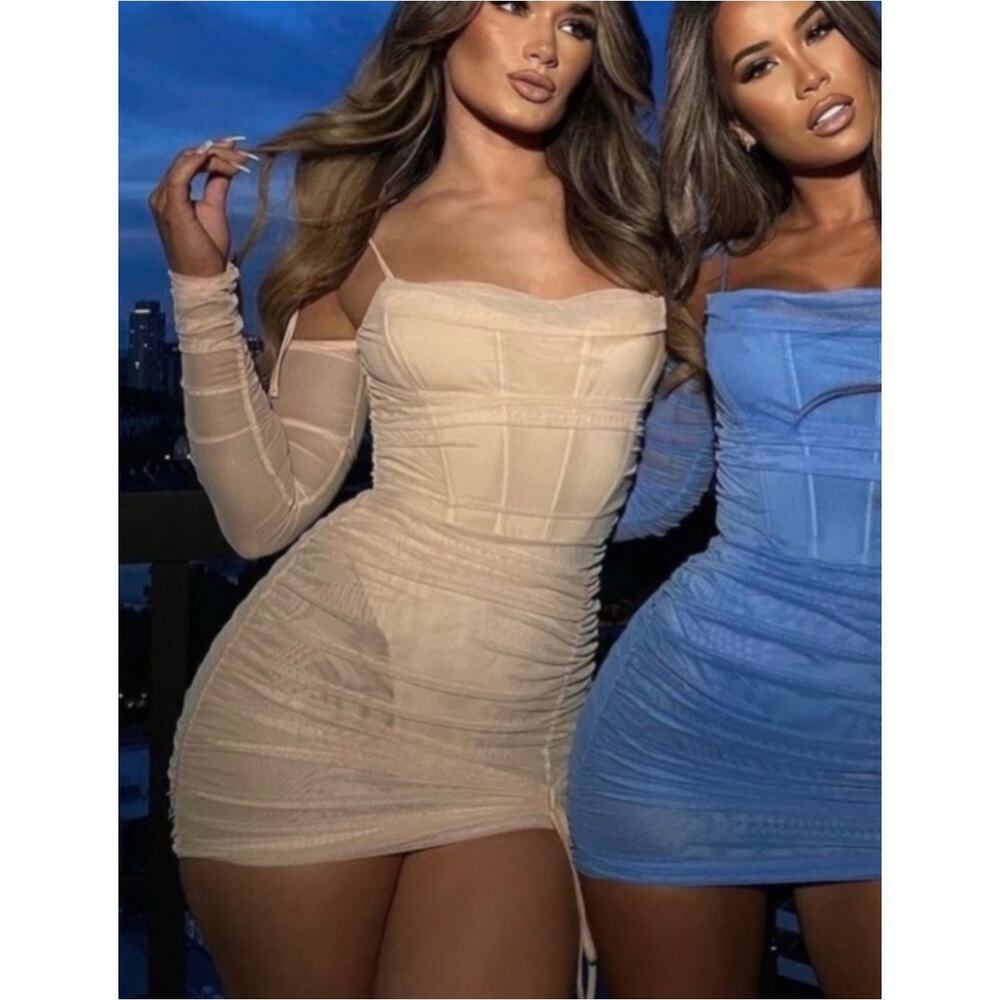 Oh Polly Amiens Off The Shoulder Corset Dress Ruched Sheer Long Sleeve Mini Nude